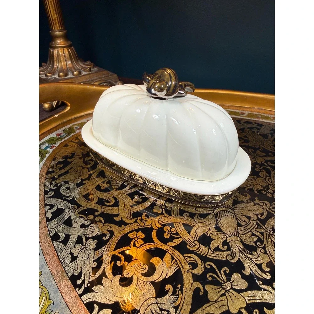 Vintage Pumpkin Butter Dish - Covered Dish with Ivory‎ & Metallic Glaze